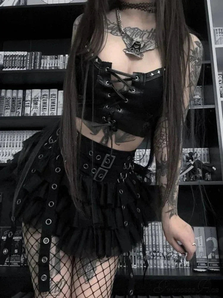 Cyber Gothic PU Leather Lace-up Y2K Emo Grunge Crop Top  Fashionpara