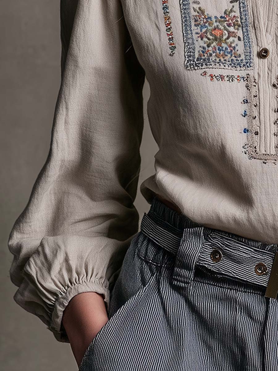 Vintage Embroidered Boho Linen Blouse - Fashionpara
