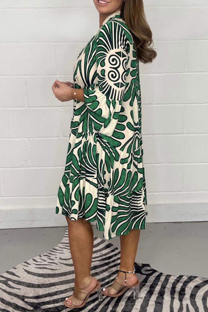 Abstract Floral Print Mandarin Collar Bell Sleeve Midi Dress - View 6