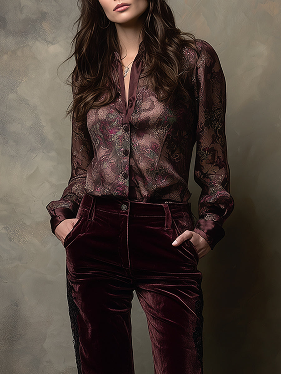 Retro Printed Satin Front Seam Patchwork Blouse - Fashionpara