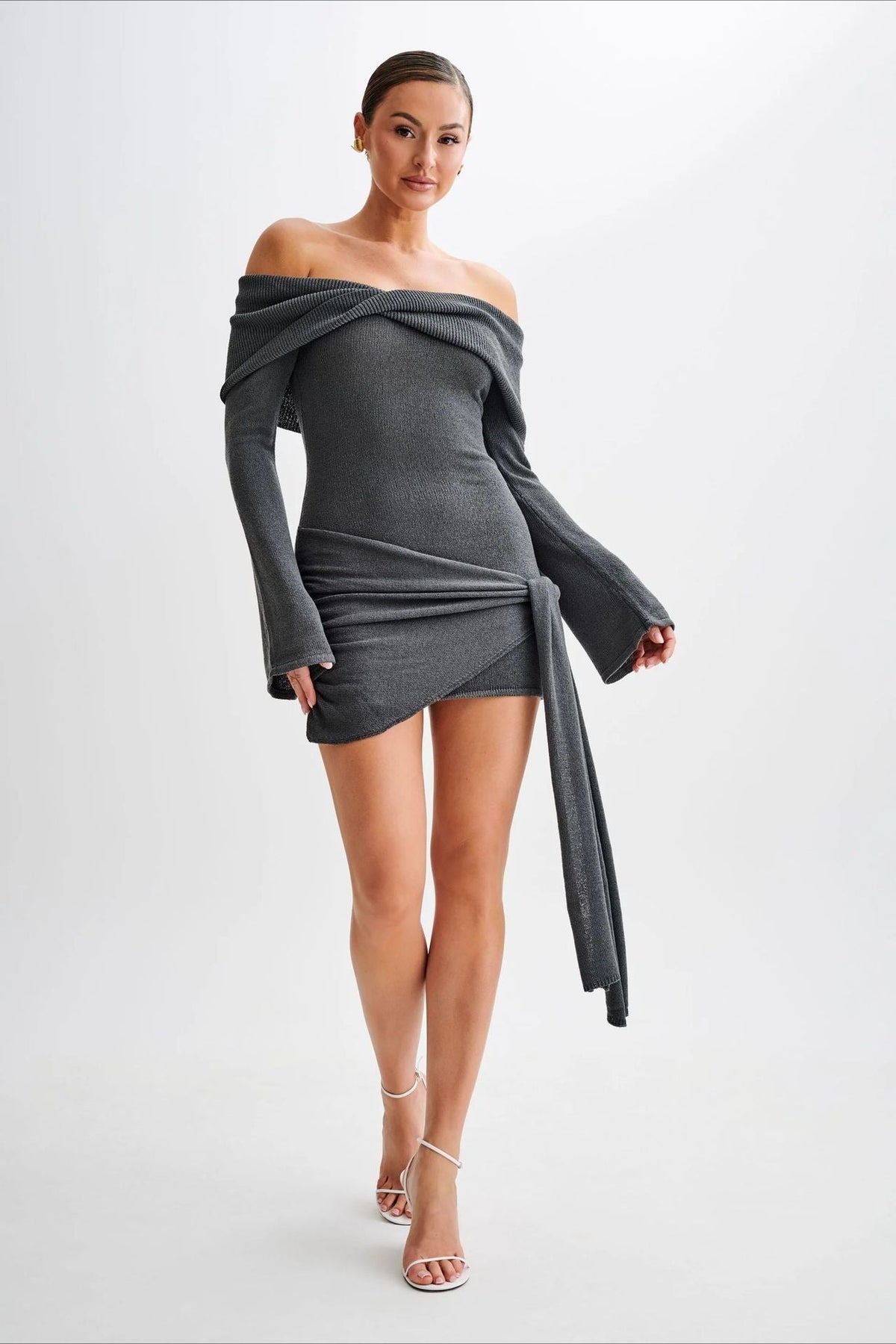 Sheer Spaghetti Strap Off-Shoulder Fitted Knit Maxi Sweater Dress - View 2