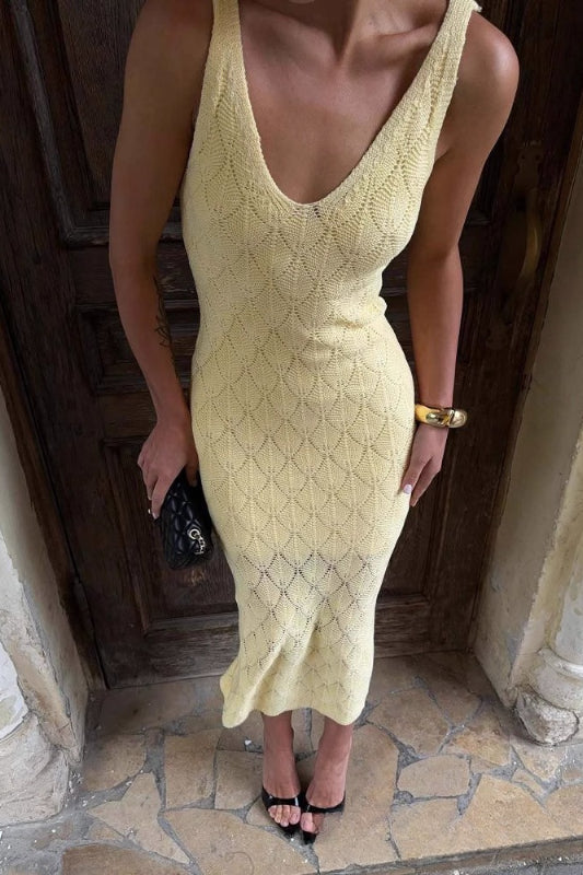 Pointelle Knit V-Neck Sleeveless Bodycon Maxi Dress