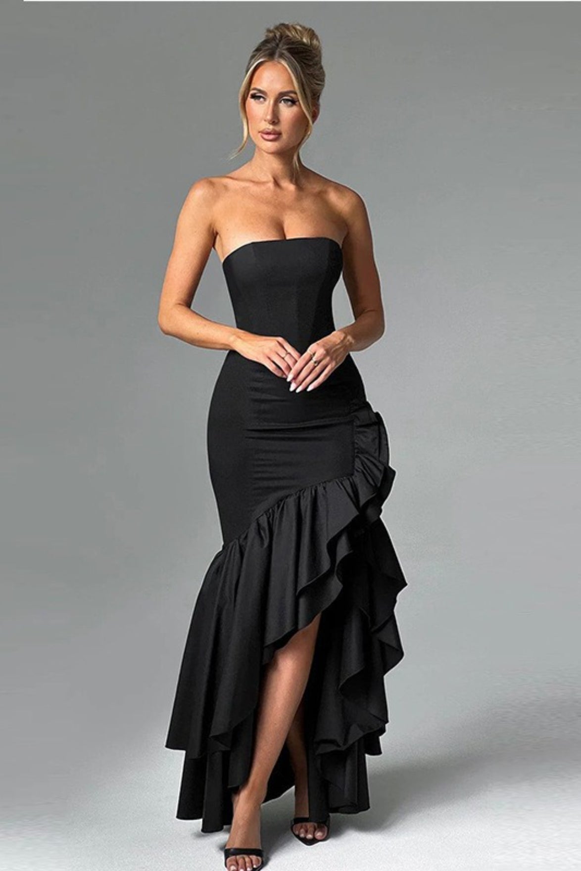 Strapless Contrast Ruffle High Low Maxi Dress 6