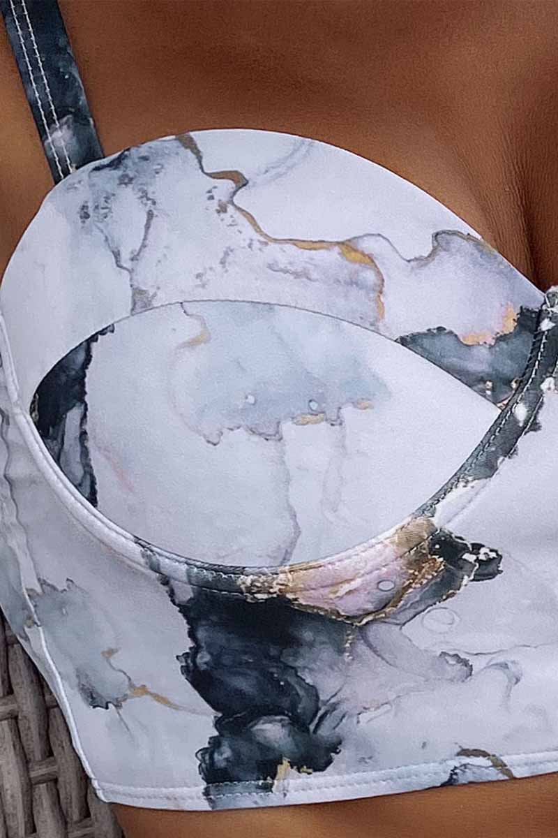 Marble Print Ruched Push Up Two Piece Swimsuit - Fashionpara