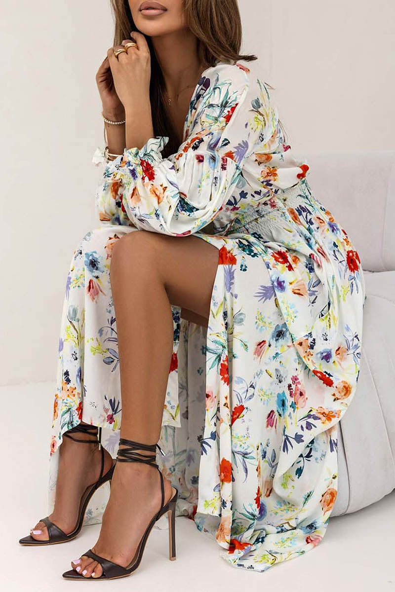 Printed V-neck Slit Long Sleeve Dress - Fashionpara