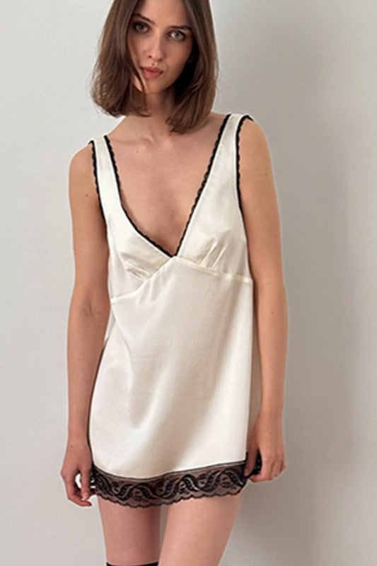 Satin Deep V-Neck Lace Trim Slip Mini Dress