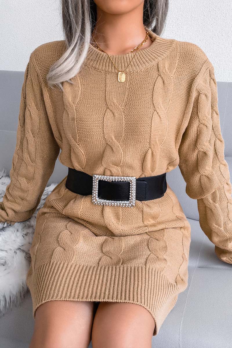 Solid Cable-knit Round Neck Sweater Dress  Fashionpara