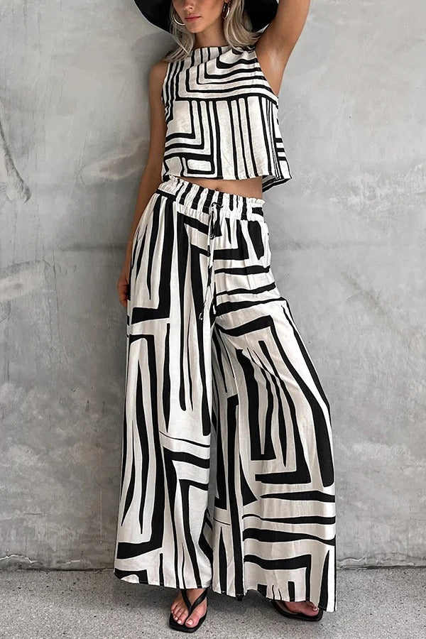 Striped Printed Sleeveless Casual Top and Elastic Waist Loose Pocket Wide-leg Pants Set - Fashionpara