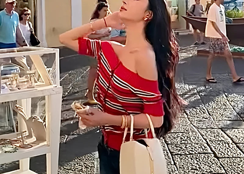 Y2K Striped Off Shoulder Sweater Top for Effortless Style