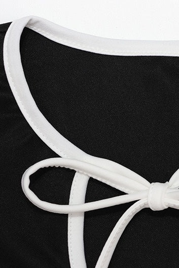 Bow Tie Short Sleeve Contrast Trim Flared Mini Dress