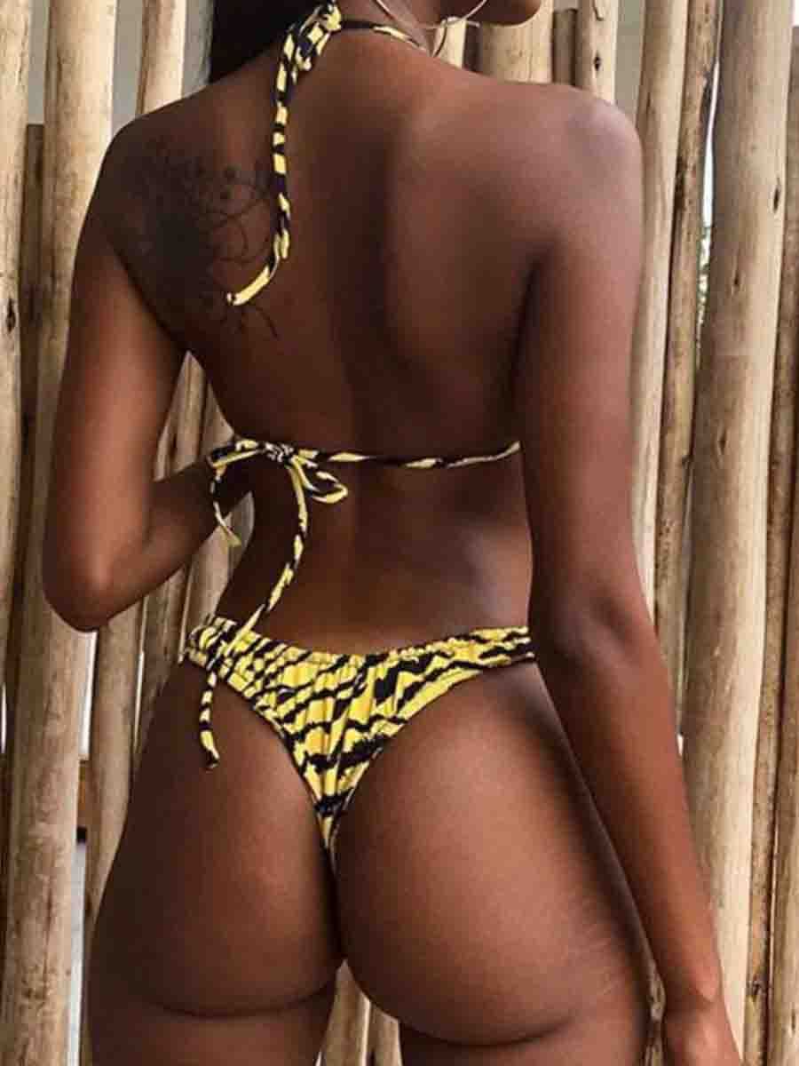 Tiger Print Sliding Triangle Two Pieces Swimsuit - Fashionpara