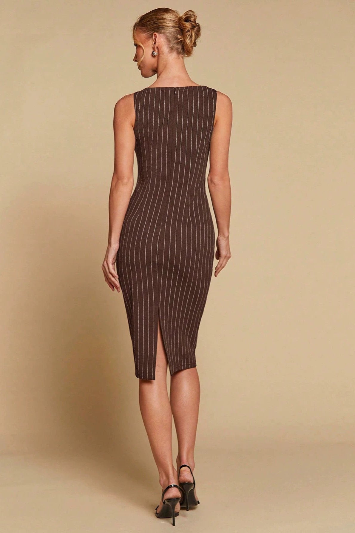 Pinstripe Boat Neck Sleeveless Bodycon Midi Dress 4