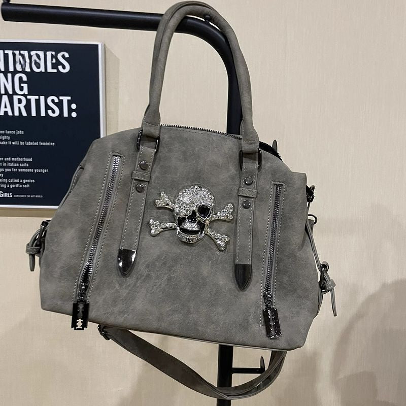 Y2K Gothic Punk Harajuku Skull Head Diamond Large Capacity Shoulder Bag Grey Halloween