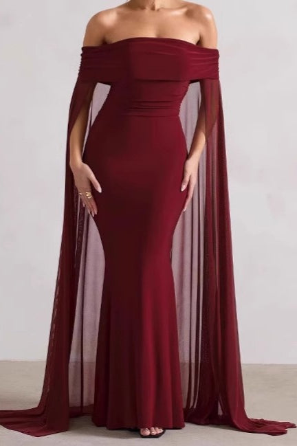Off Shoulder Cape Sleeve Ruched Mermaid Gown - View 3