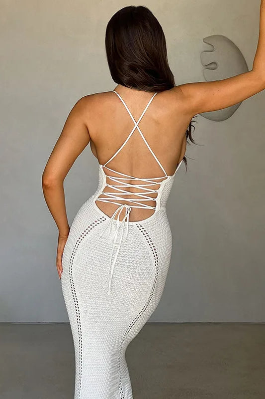 Crochet Knit Plunge Corset Mermaid Maxi Dress