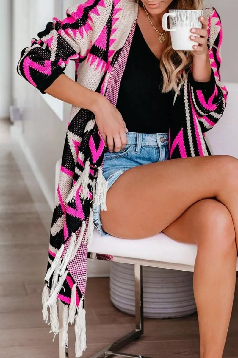 Geometric Print Tassel Design Cardigan  Fashionpara