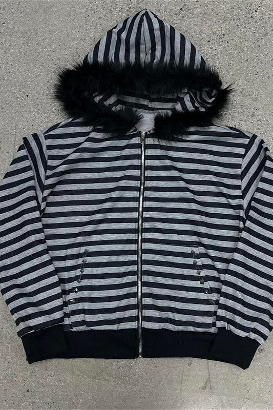 Faux Fur Trim Striped Zip Hoodie 2