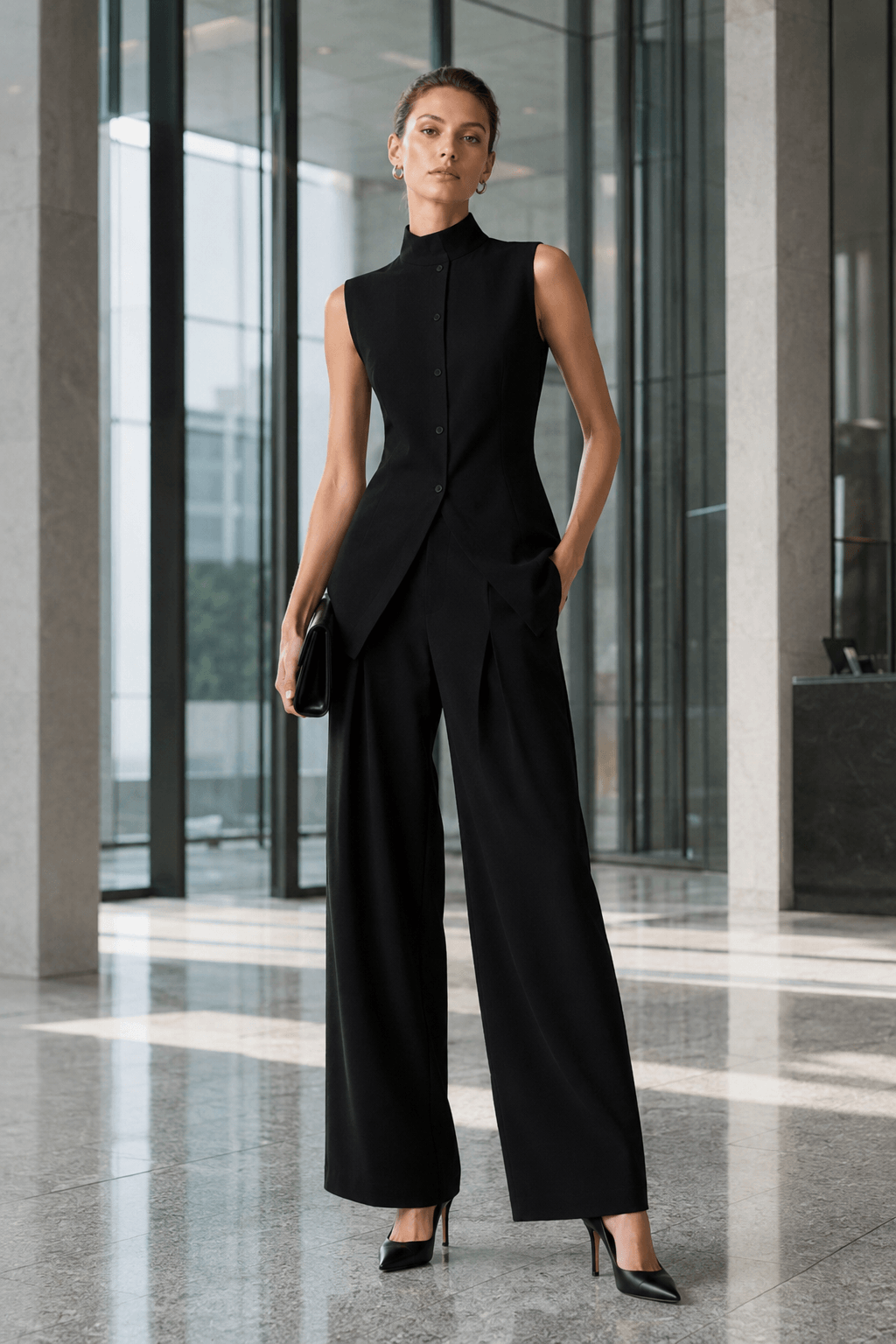 Drape Sleeveless Shirt Two Piece Work Set