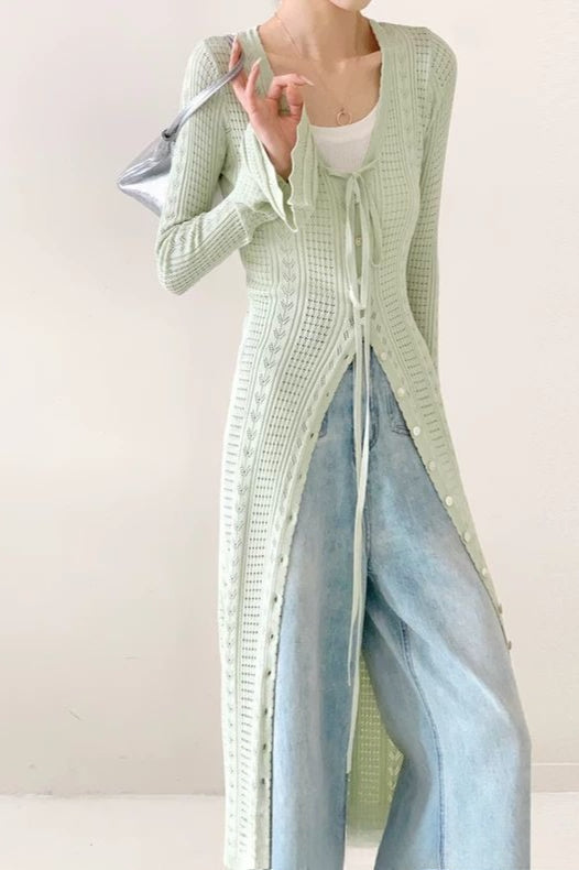 Light Green V-Neck Bell-Sleeve Midi Knit Cardigan for All