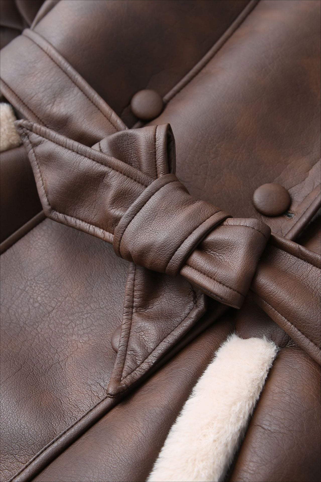 Tie Waist Padded Faux Leather Coat - Fashionpara