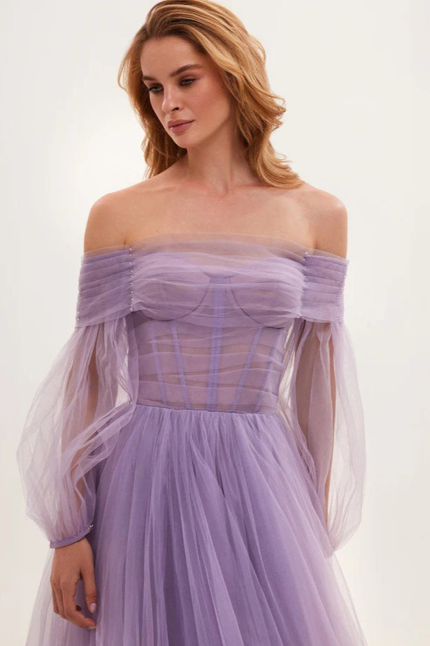 Tulle Off Shoulder Bishop Sleeve Corset A-Line Maxi Dress - View 6