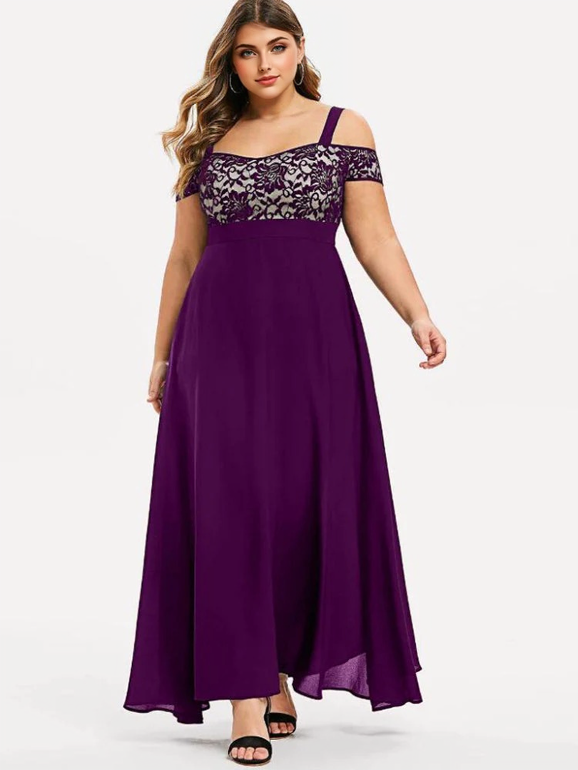 Floral Lace Cold-Shoulder Empire Waist Chiffon Maxi Dress