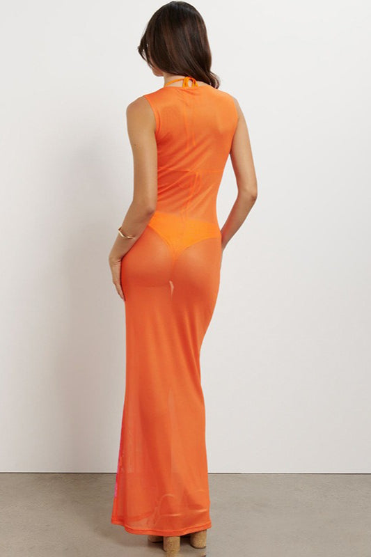Floral Print High Neck Sheer Bodycon Maxi Dress