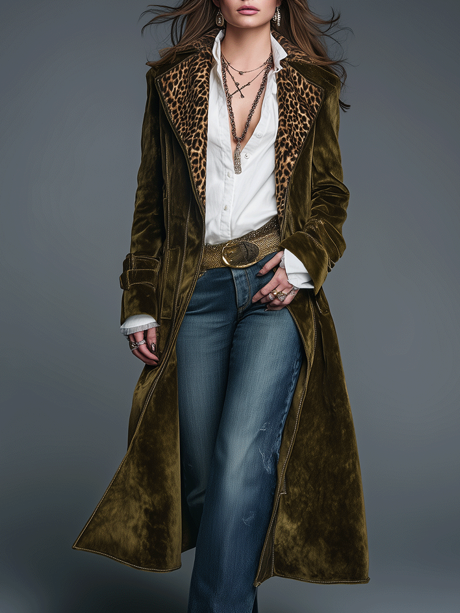 Boho Luxe Olive Velvet Leopard Lapel Long Coat