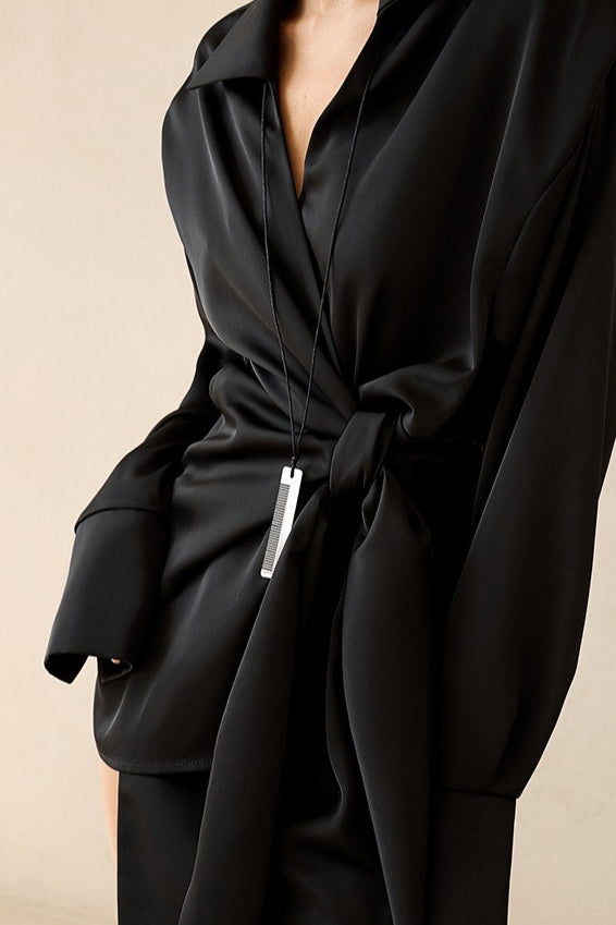 Collared Long Sleeve Wrap Tie Satin Mini Shirt Dress 6
