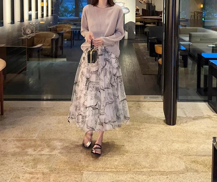 Flocking Flower Bird Tulle Gauze Elastic Waist Midi Skirt