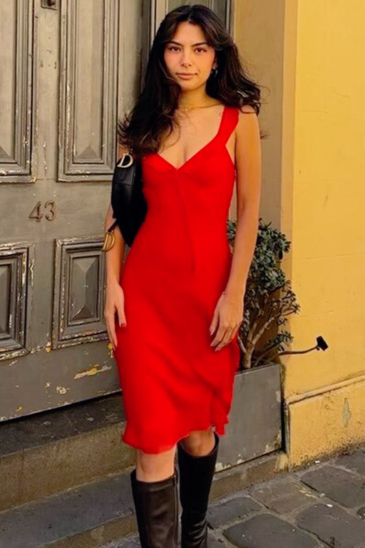 V-Neck Sleeveless Bias-Cut Satin Slip Midi Dress
