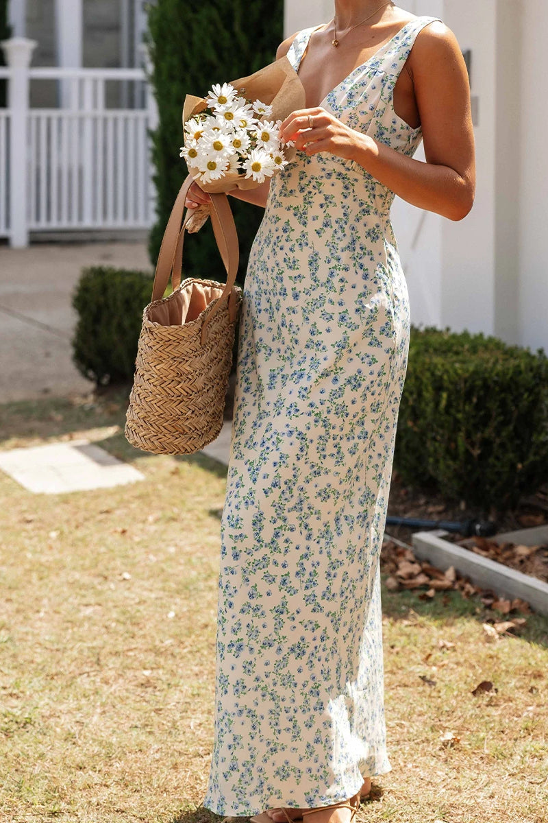 Ditsy Floral V-Neck Halter Slip Maxi Dress
