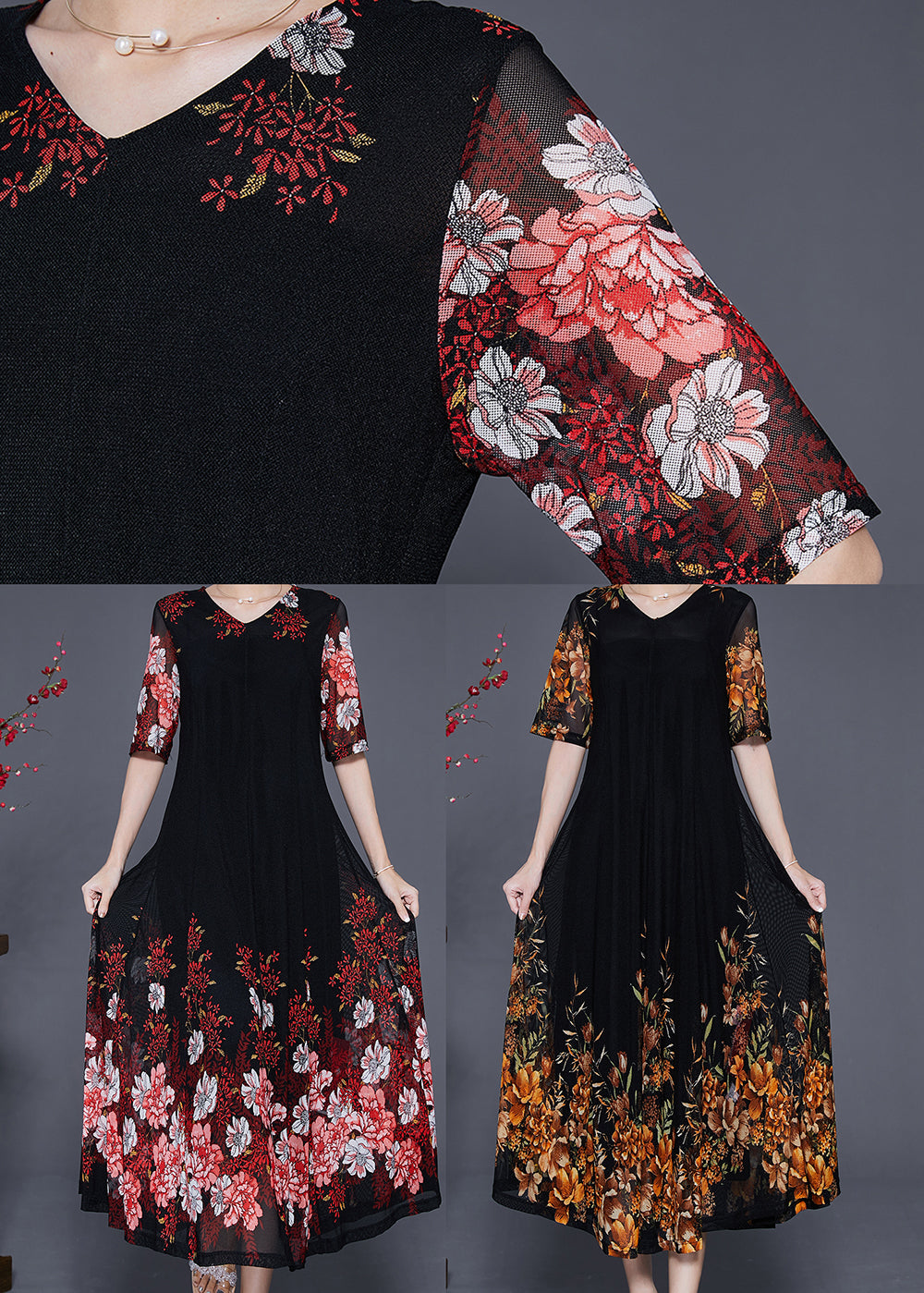 Mesh Elbow Sleeve V-Neck Band Hem A-Line Midi Dress - View 5