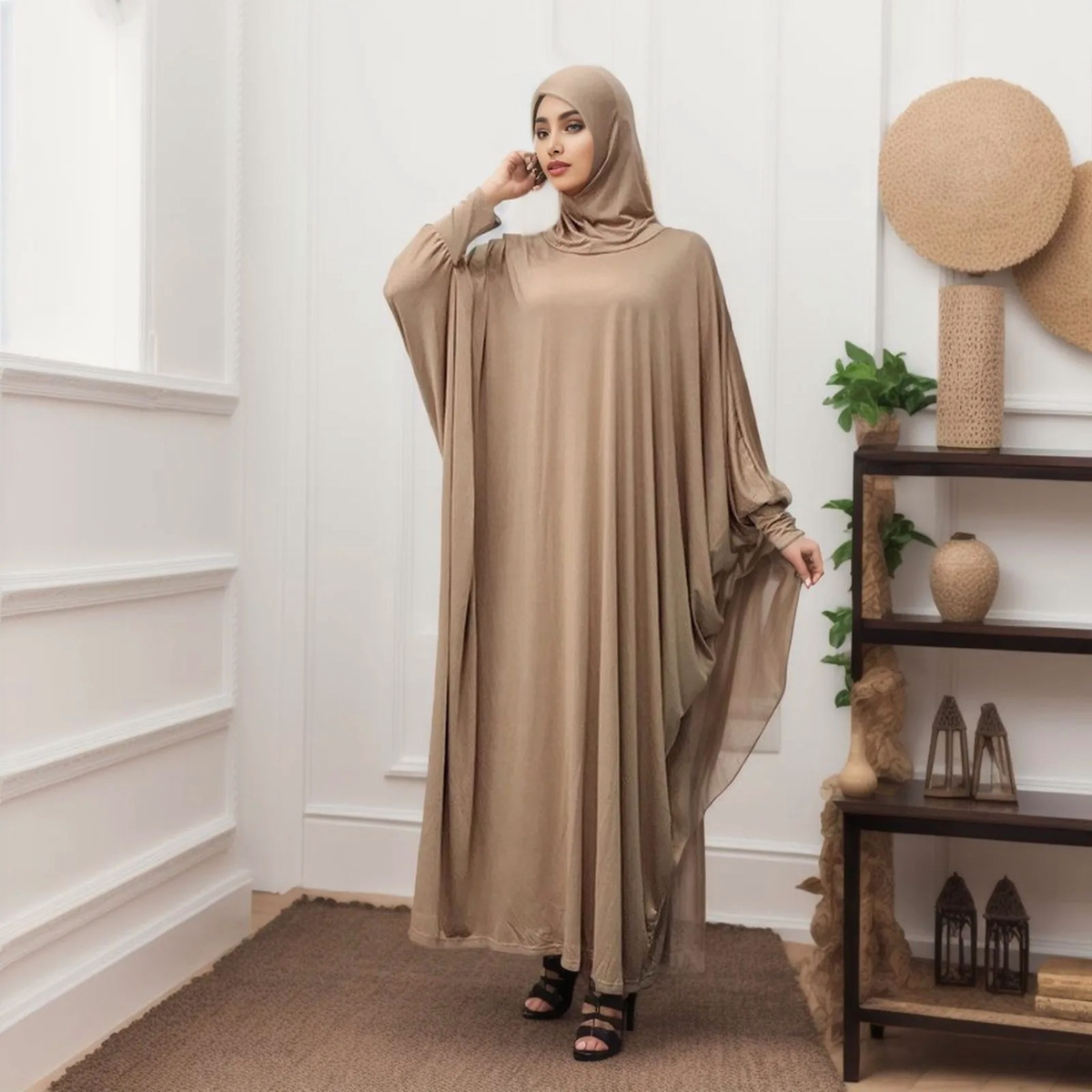 Solid Color Headgear Bat Cardigan Robes Ramadan Muslim Muslim Clothes Long Sleeve Cardigan Maxi Dress 6
