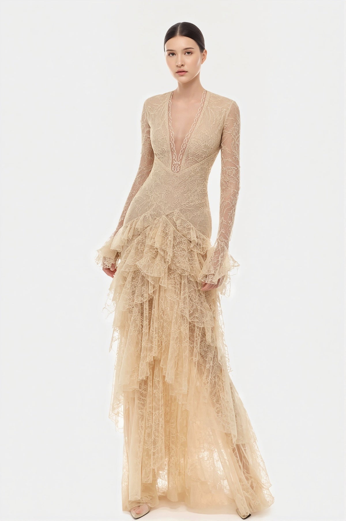 Lace Long Sleeve Deep V Ruffle Maxi Gown