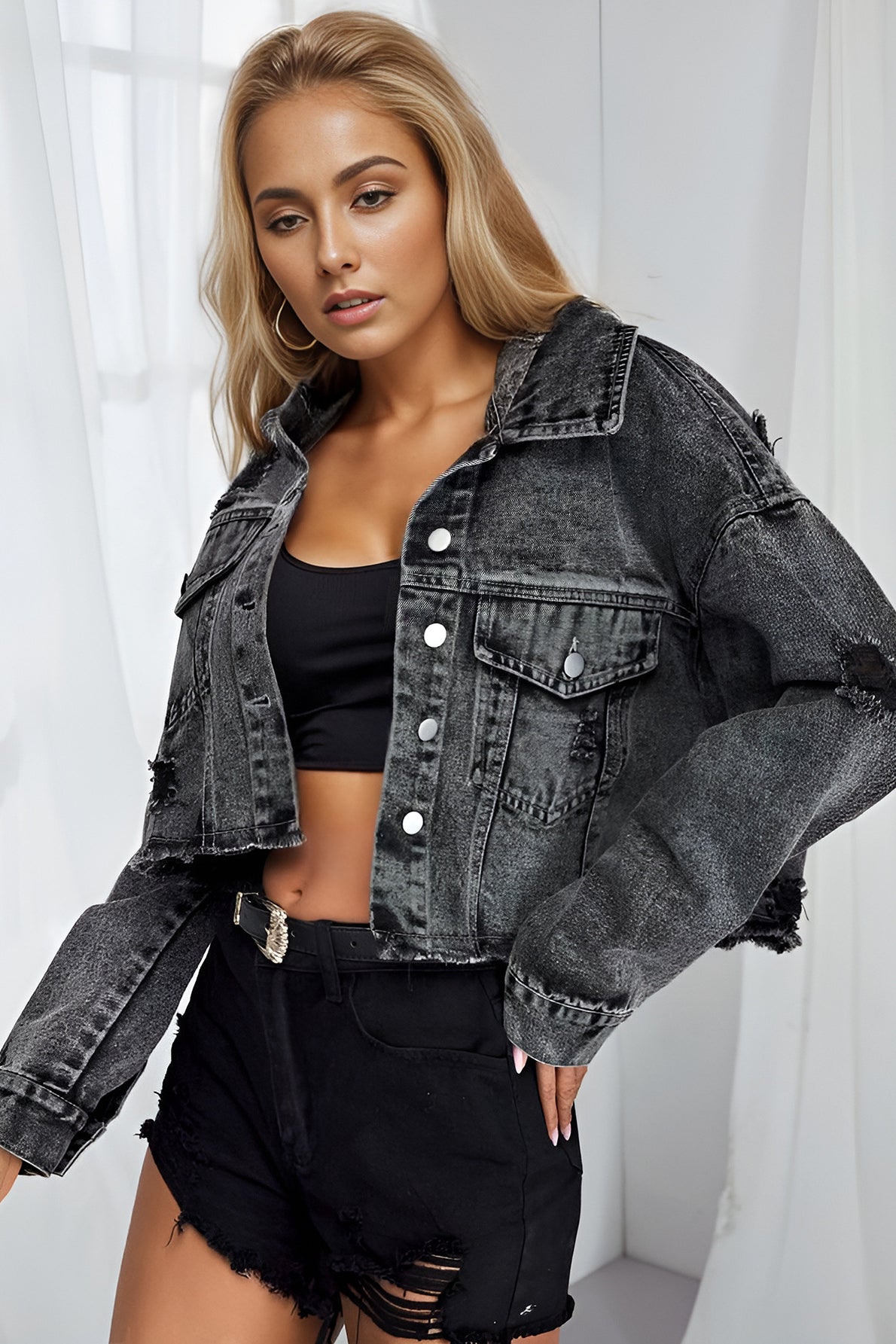 Frayed Distressed Denim Coat for a Trendy Casual Look