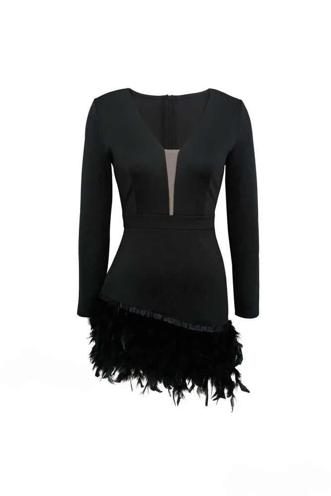 V Neck Feather Pack Mini Dress