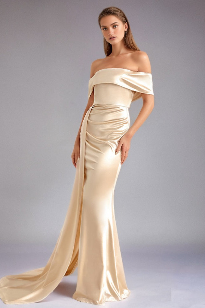 Satin Off Shoulder Ruched High Split Maxi Formal Gown - View 2