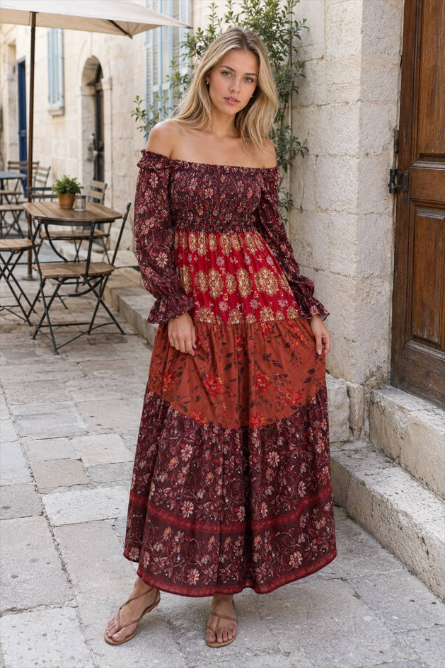 Floral Square Neck Long Sleeve Smocked Tiered Maxi Dress 2