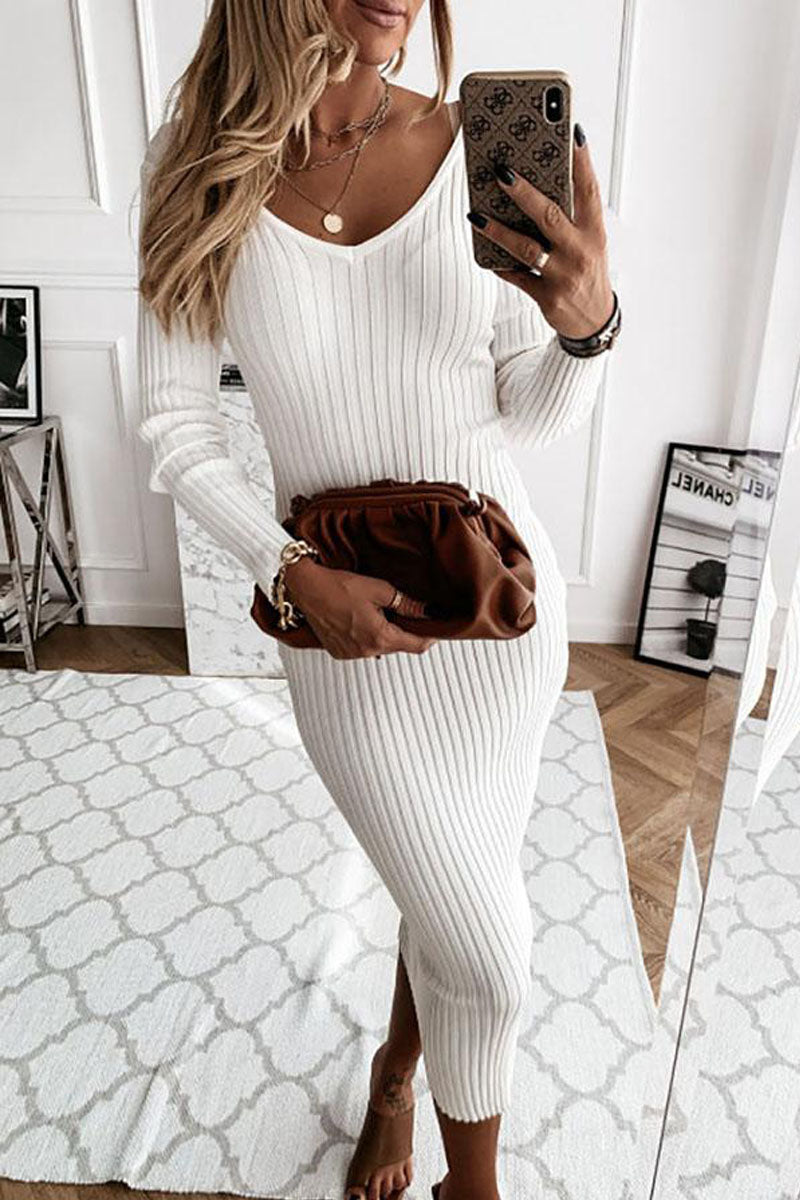 V Neck Casual Long Sweater Dress(3 Colors)