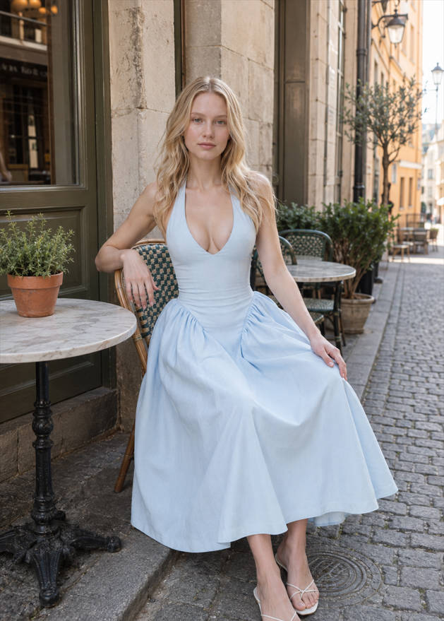 Deep V-Neck Halter Sleeveless Fit and Flare Midi Dress 3