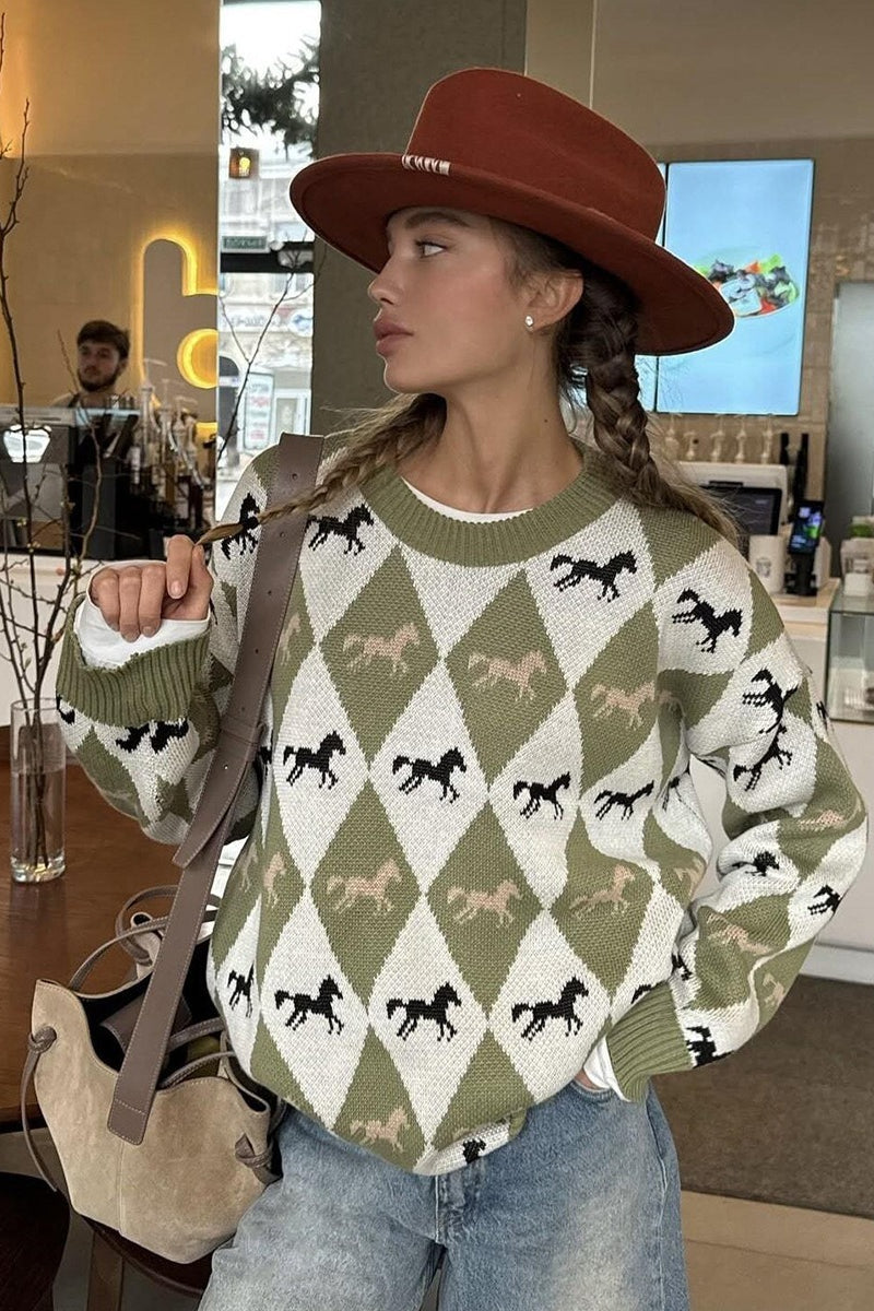 Casual Horse Graphic Pullover Sweater