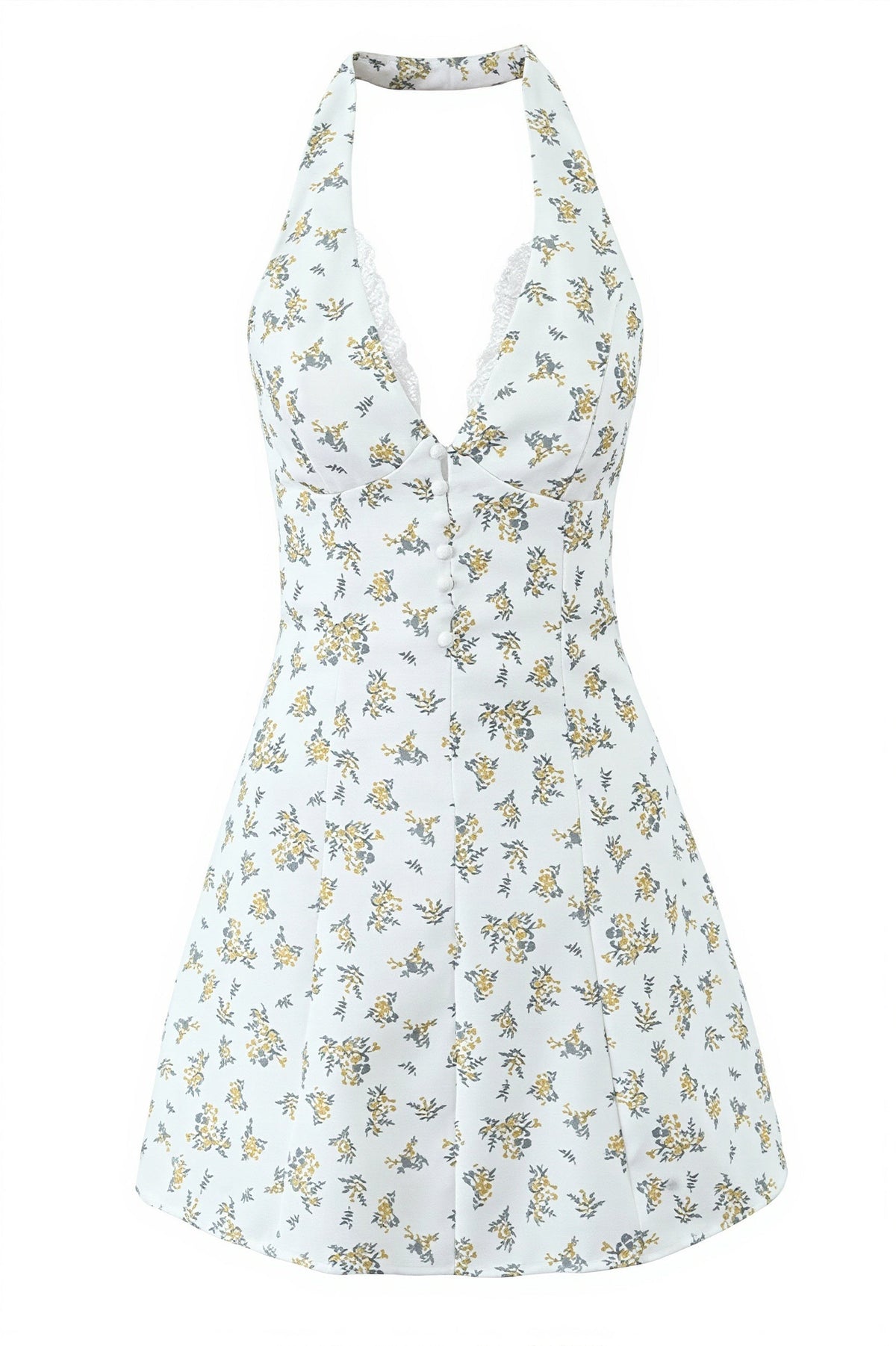 Floral Print Lace Trim V-Neck Button Front Mini Dress