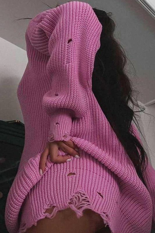 Distressed Hem Turtleneck Oversized Knit Sweater 10