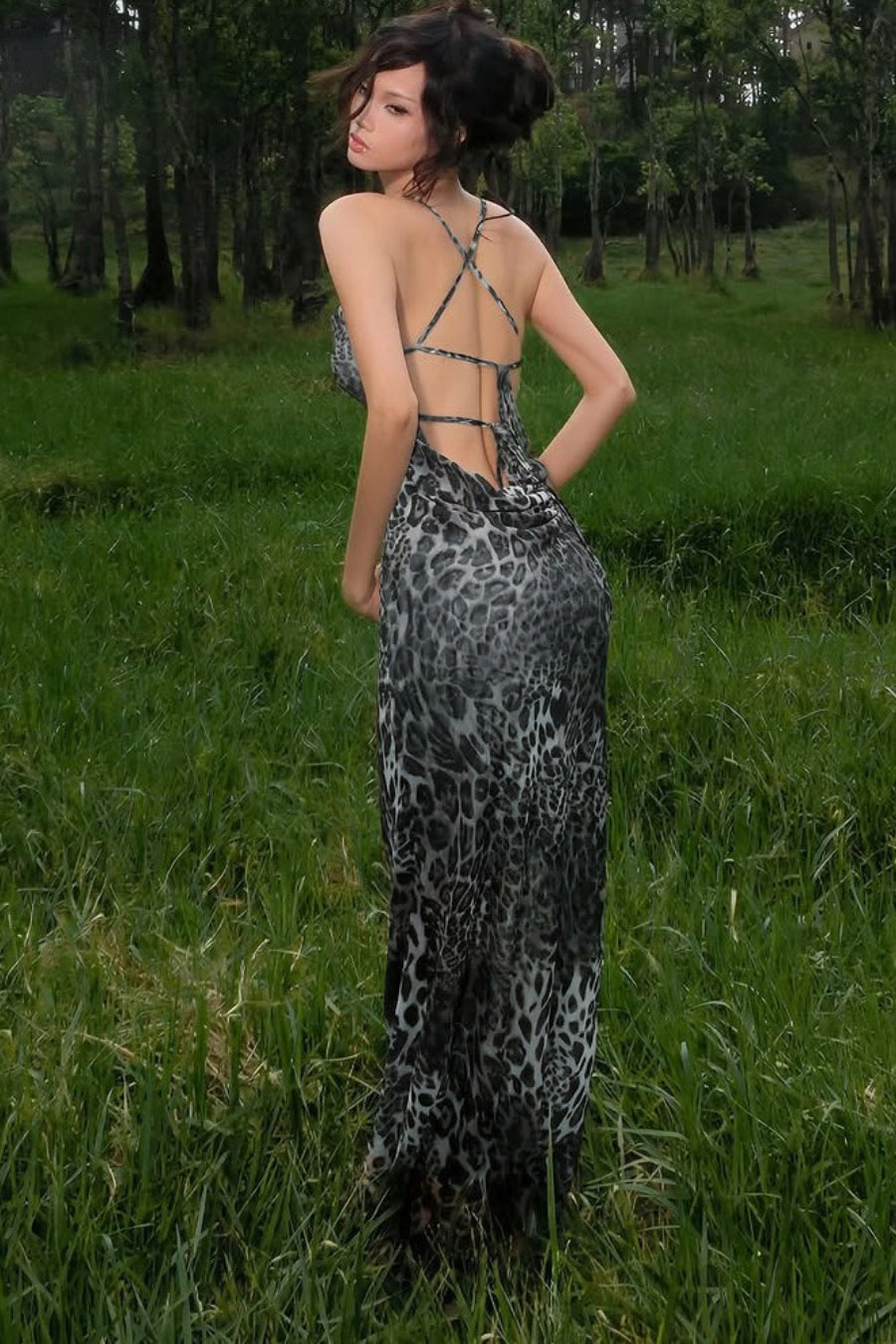 Leopard Print Spaghetti Strap Cowl Neck Slip Maxi Dress