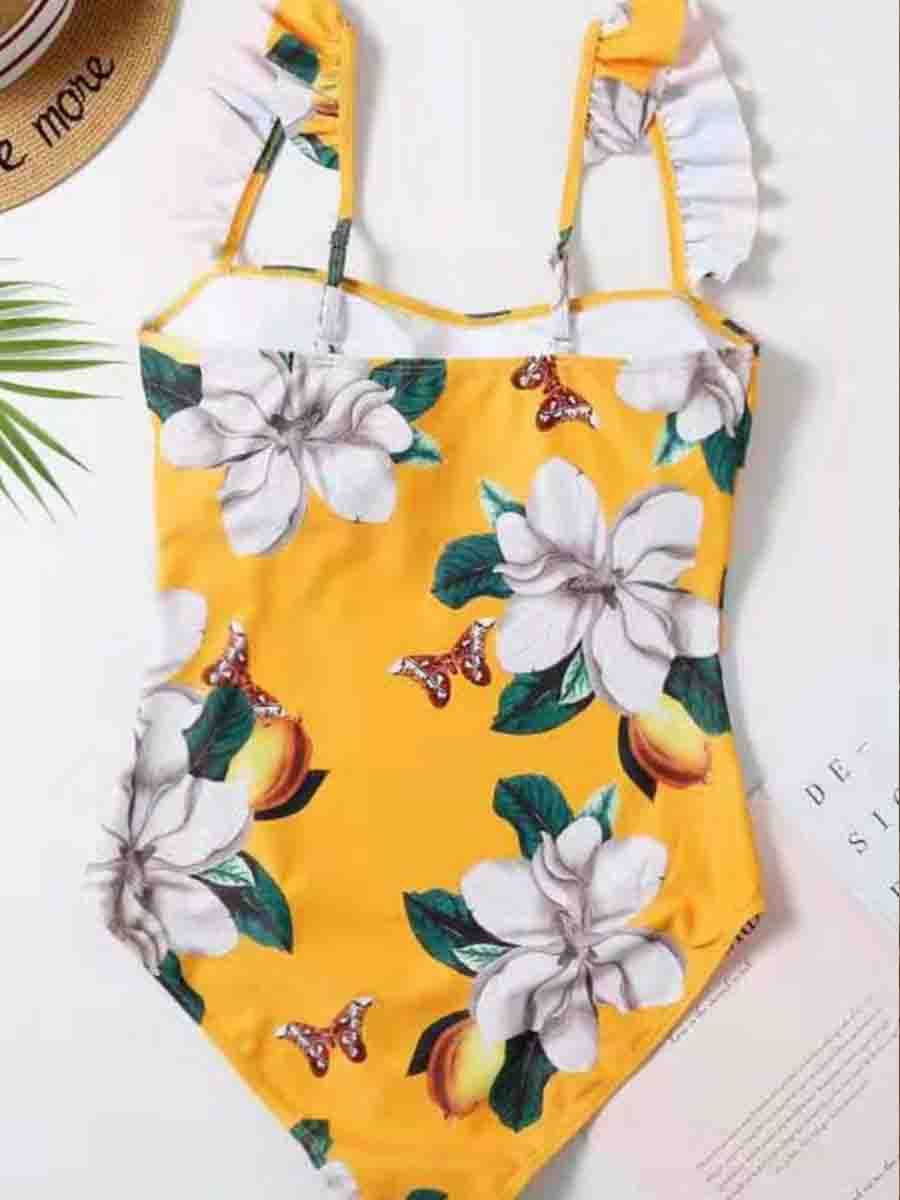 Flounce Design Floral Print Yellow One-piece Swimsuit - Fashionpara