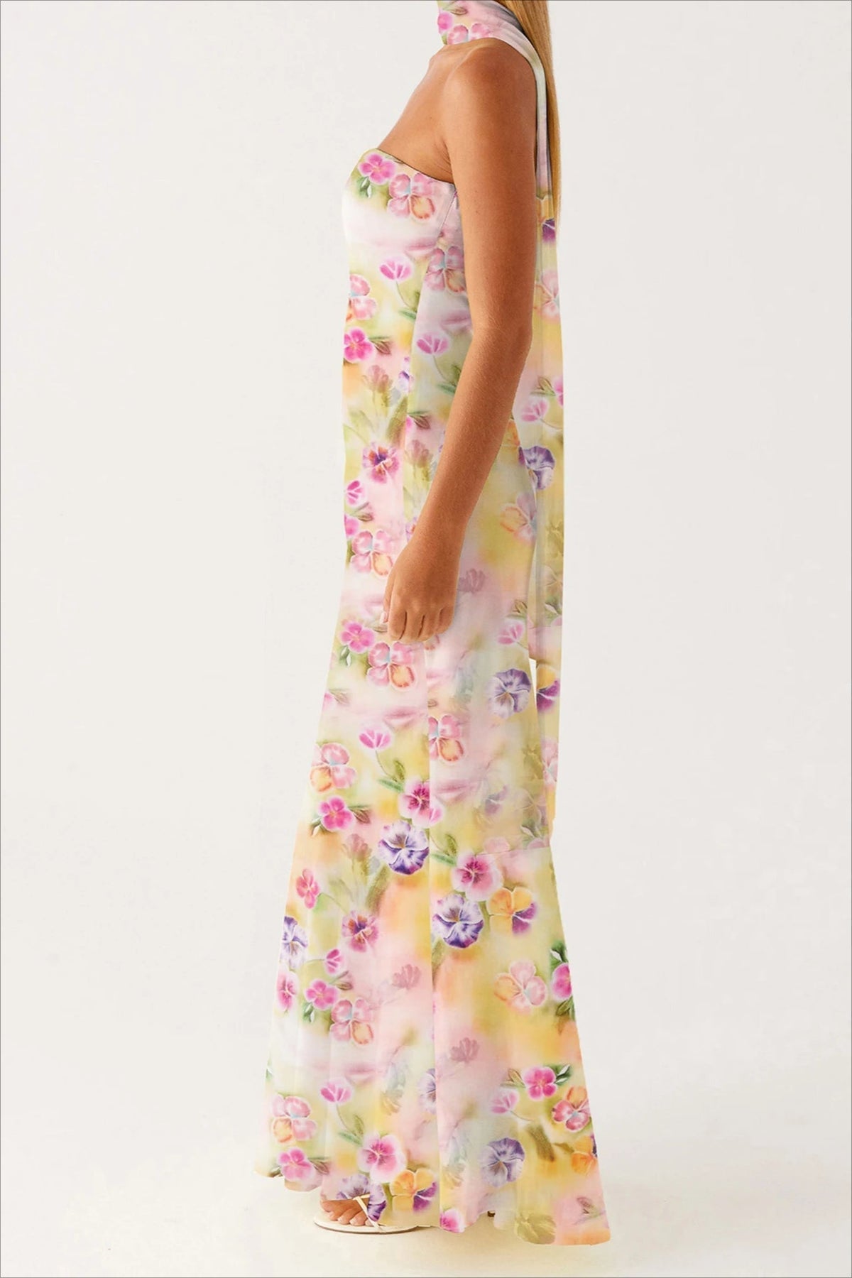 Strapless Ruffle Maxi Floral Dress