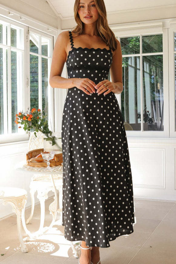 Boho Polka Dot Lace Trim Cami Maxi Dress - Fashionpara