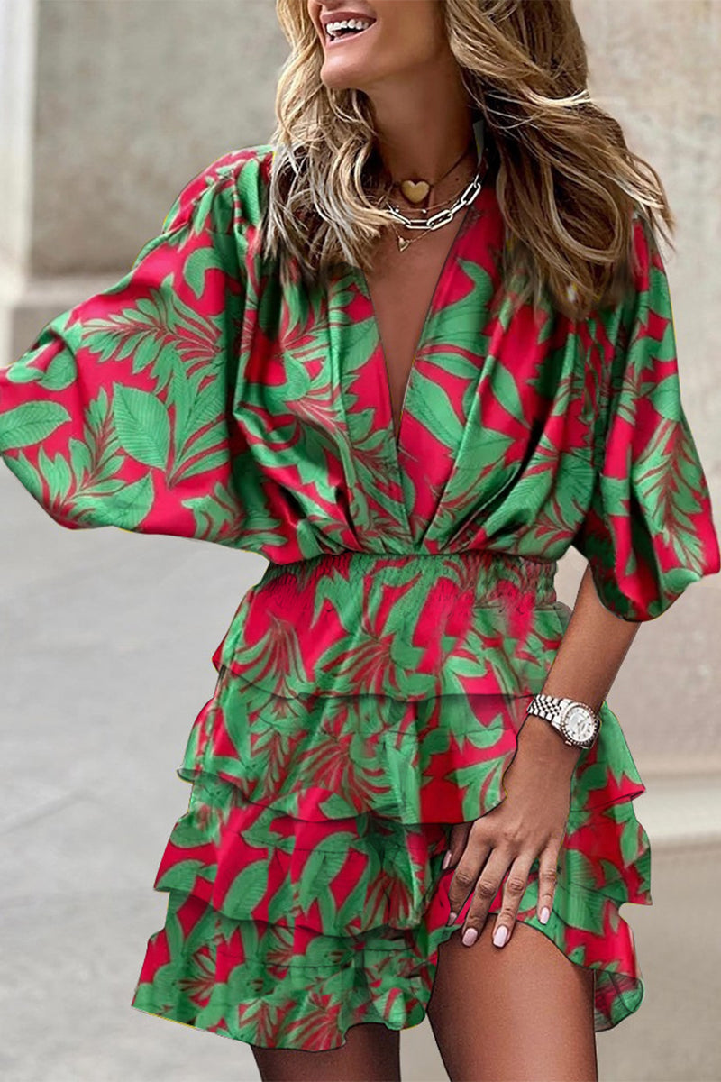 Deep V-Neck Kimono Sleeve Smocked Waist Tiered Ruffle Mini Dress - View 5