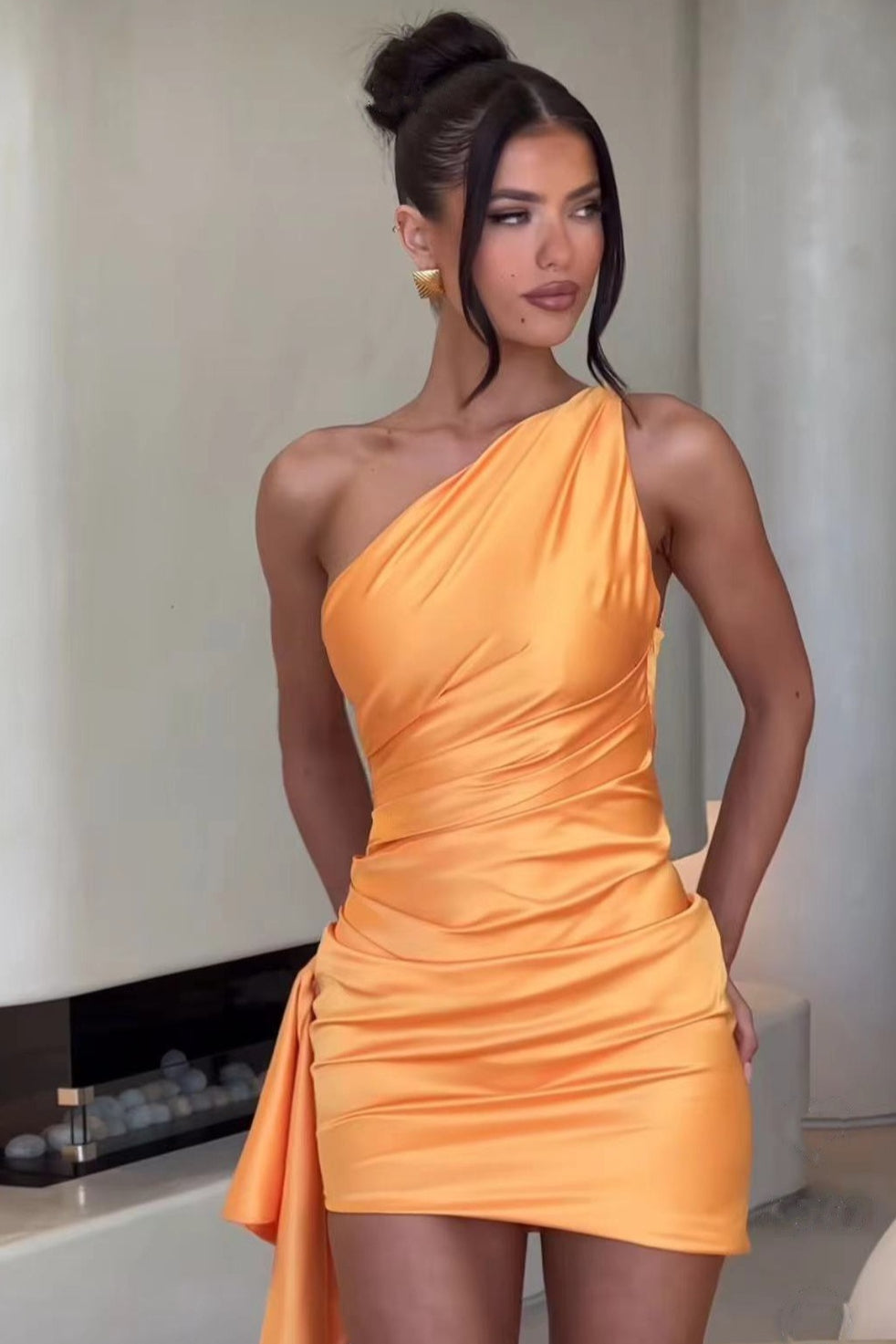 Satin One Shoulder Ruched Side Train Bodycon Cocktail Mini Dress